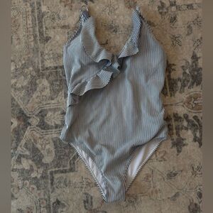 Pink Lily Striped Ruffle One Piece - Black and White